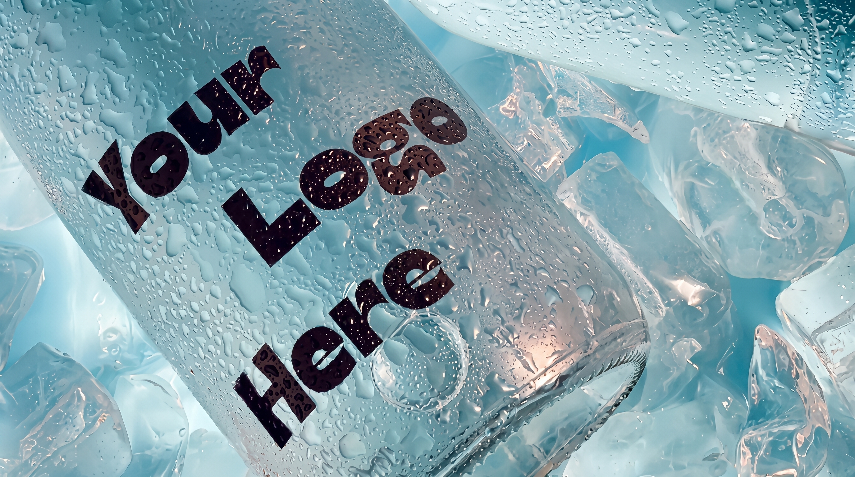 Branded water bottle in ice